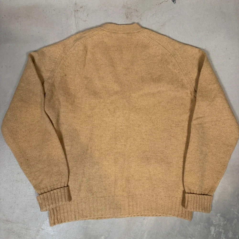 Vintage LL Bean Camel Hair Lambswool Cardigan Suede Elbow Patches Tan Mens L USA